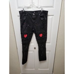 Focus Y2K Mens Heartbreaker Denim Urban STREET WEAR  (Jet Black Red) 40X32